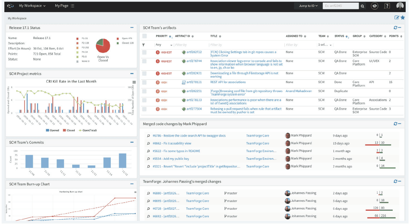 Teamforge Projektmanagement-Dashboard-Bildschirm in der Software