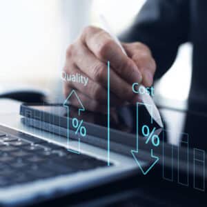 Cost and quality control, business strategy and project management concept. Businessman working on digital tablet with quality control growth graph and cost reduction, effective business