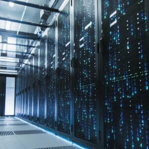 Shot of Corridor in Working Data Center Full of Rack Servers and Supercomputers with Blue Neon Visualization Projection of Data Transmission Processing with Digits, Hieroglyphs, other Code Characters (Shot of Corridor in Working Data Center Full of Ra