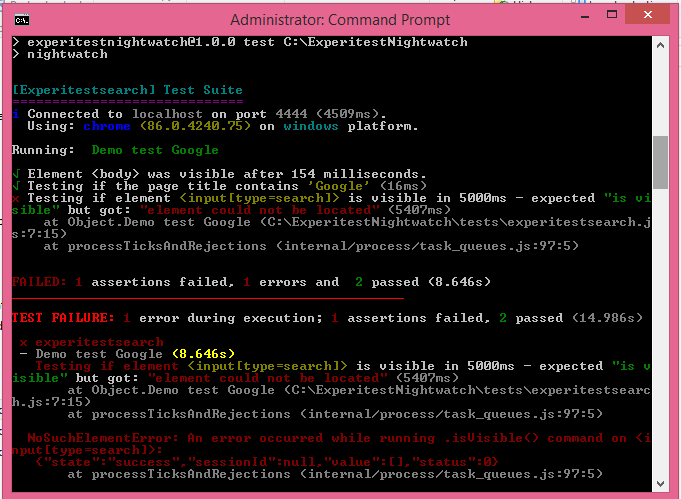 nightwatch.js failed assertion