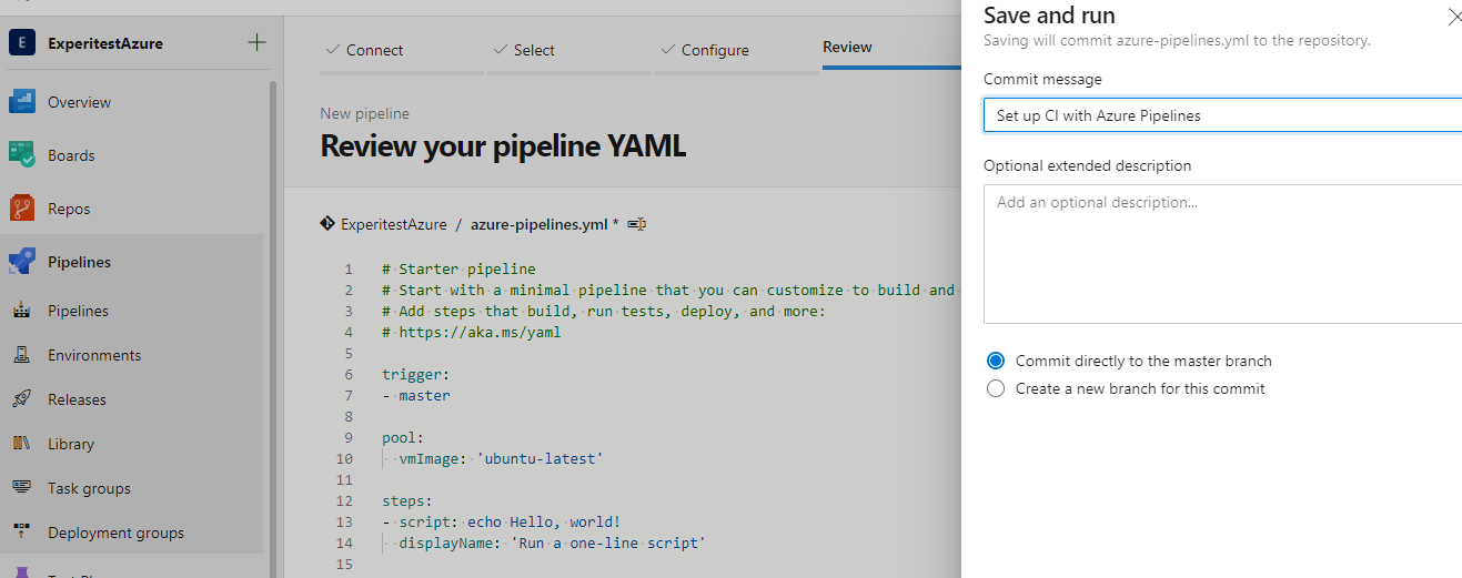 microsoft azure save and run
